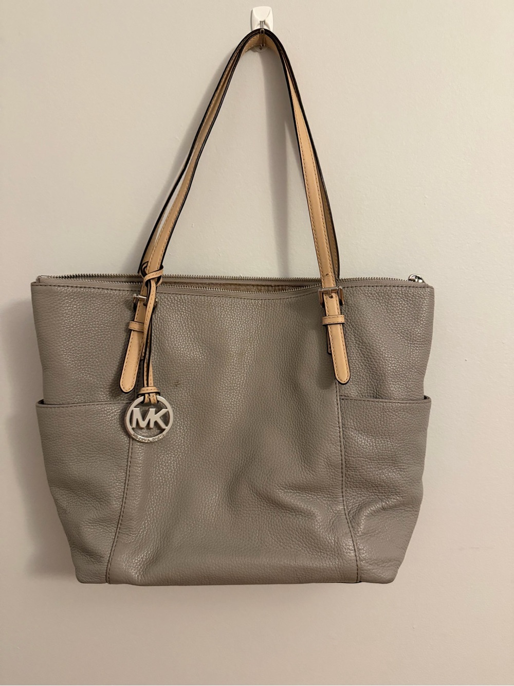 Michael Kors Gray Leather Tote with Tan Straps